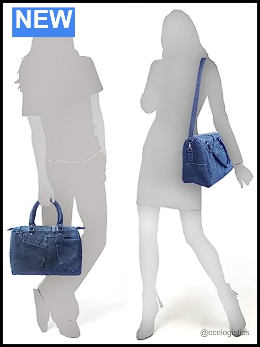 Upcycled Denim Bowler Handbag Large Top Handle Convertible Shoulder Purse